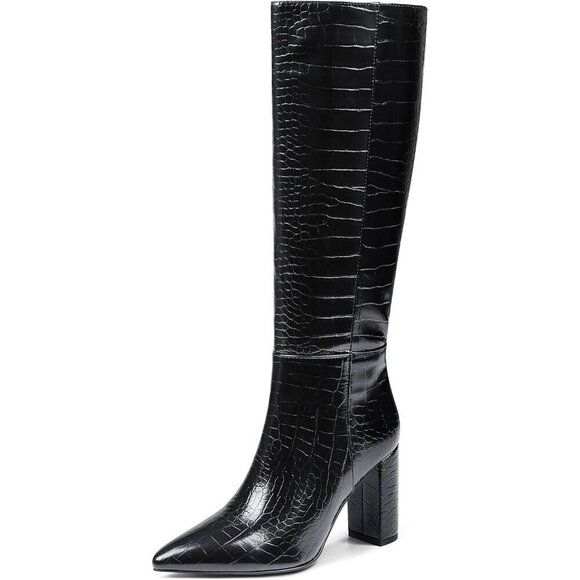 🆕Women Black Knee High Faux Crocodile Long Tall Pointed Chunky High Heel Boots - Picture 1 of 5